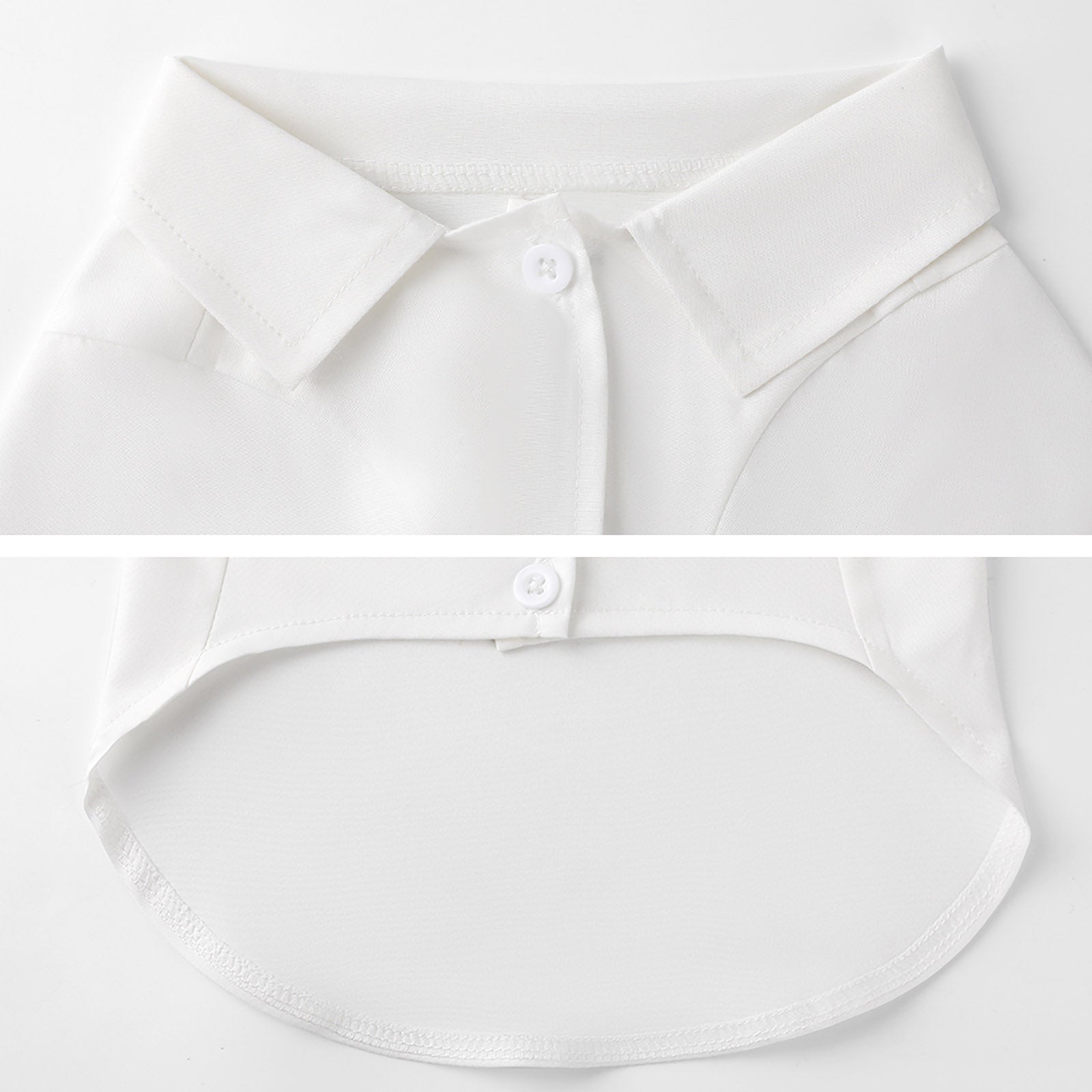 White pet shirt vest, close-up details of collar, button, and hemline. Breathable and stylish dog or cat apparel.