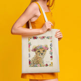Personalized canvas tote bag featuring cheetah cub with flower crown, cotton shopping bag, MyArtsyGift