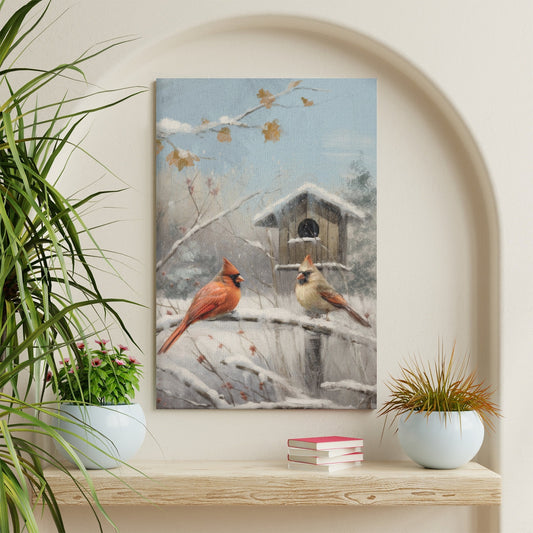 Canvas wall art of two cardinals in winter scene, perfect for living room decor. Available at MyArtsyGift.com