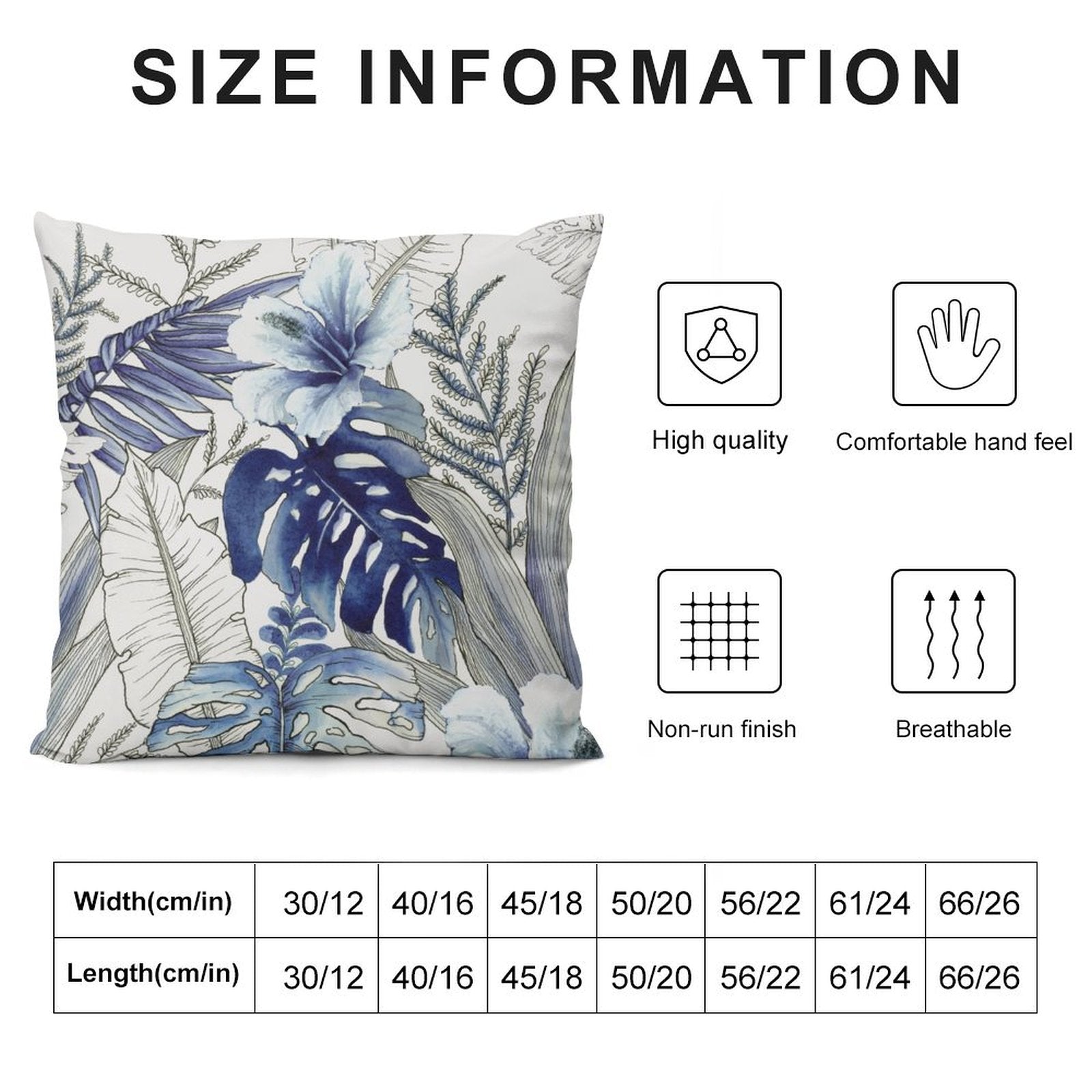 Blue floral throw pillow cover, soft plush fabric, size chart, sofa and couch decor, MyArtsyGift