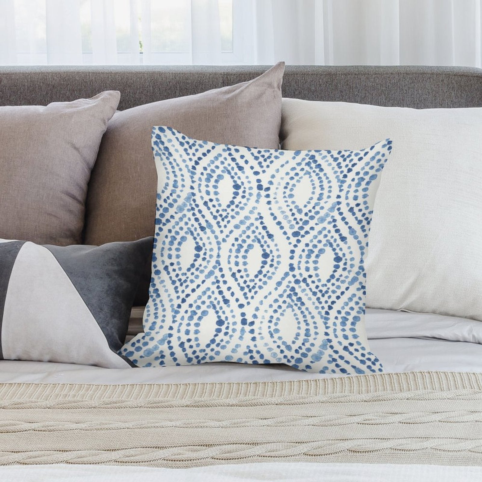Blue and white dotted pattern plush pillow cover for sofa or couch, part of MyArtsyGift's home collection.