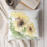 Square short plush pillow cover with watercolor sunflower and bee design, home decor.
