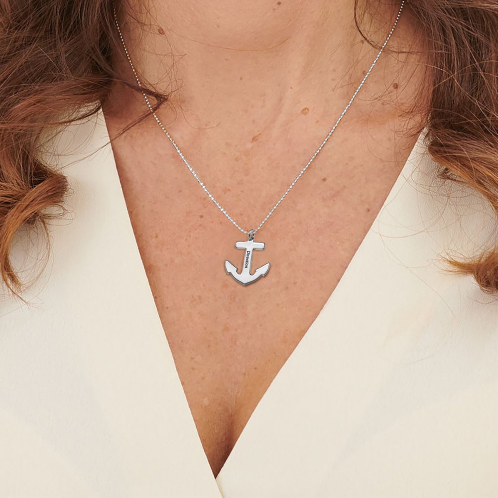 Silver Anchor Necklace for Men, Personalized Nautical Pendant with 'Direction' engraving, sailors jewelry gift
