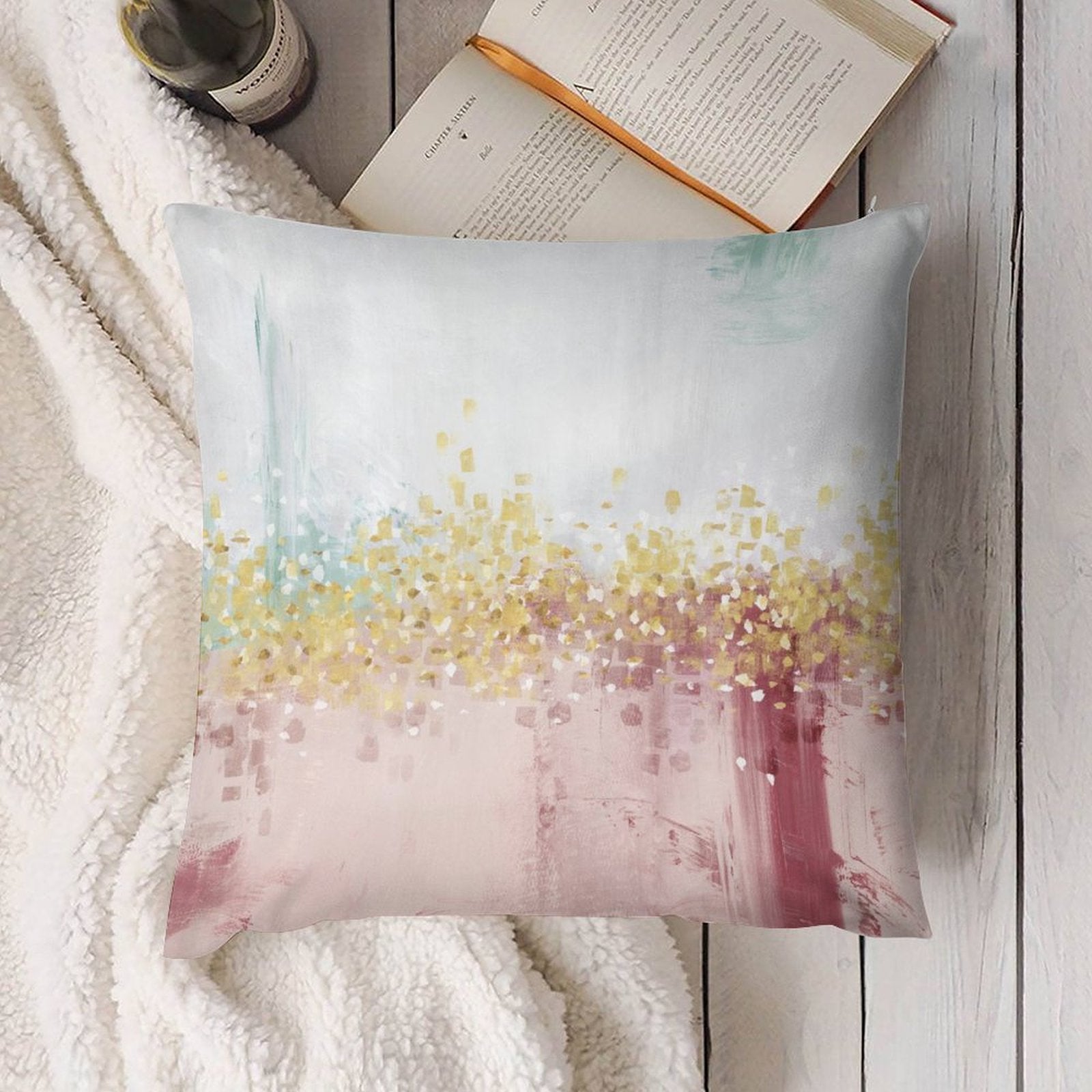 Abstract art pillow cover with pastel colors, soft plush fabric, perfect for home sofa decor