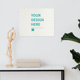 Custom Canvas Print mockup with 'YOUR DESIGN HERE' text, heart pattern. Personalized wall art for home decor.