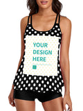 Customizable black polka dot tankini swimsuit with YOUR DESIGN HERE, perfect for vacations and beachwear
