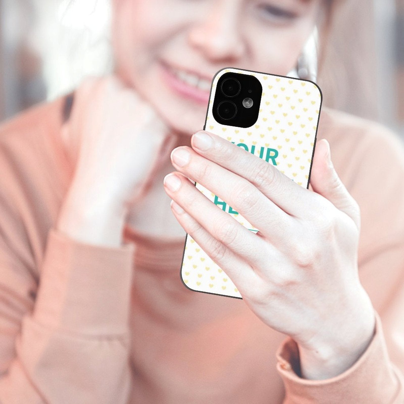 Custom iPhone 12 case with heart pattern and 'YOUR HERE' design, TPU material, protective phone cover.