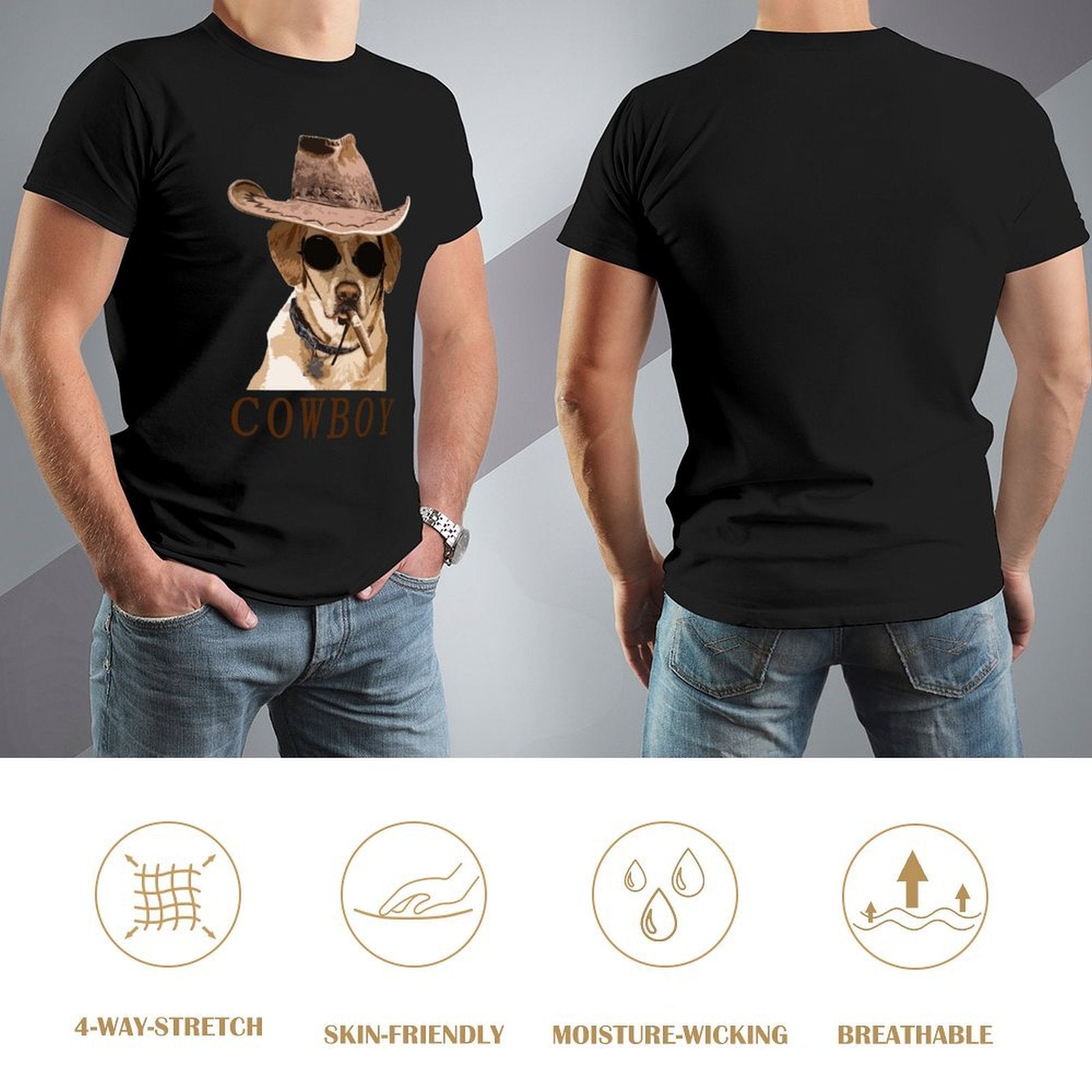 Men's black Cowboy Dog graphic tee. Features include 4-way stretch, skin-friendly, moisture-wicking, and breathable fabric.