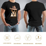 Black men's t-shirt with cowboy dog graphic, perfect for casual wear; featuring breathable, moisture-wicking fabric.