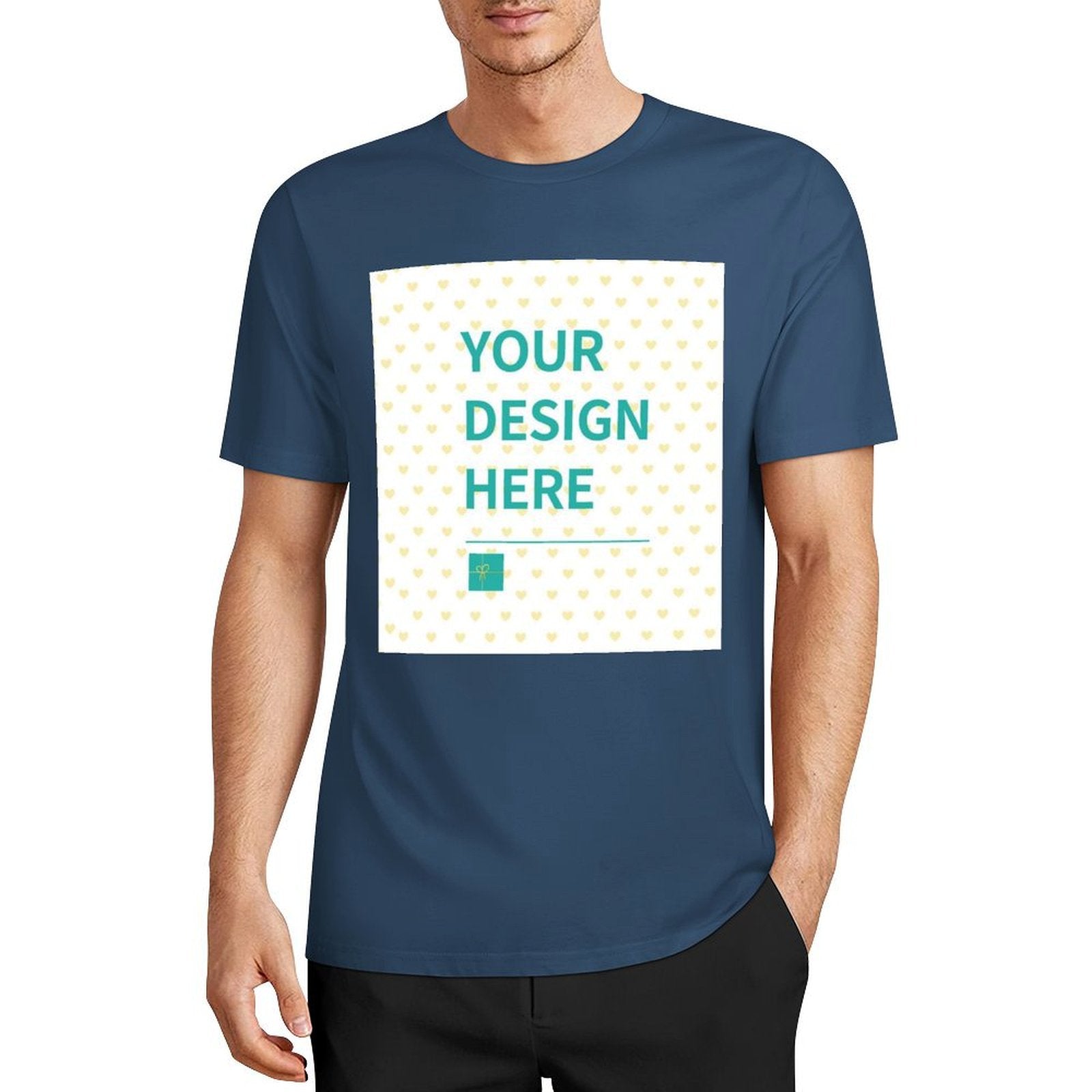 Navy blue cotton t-shirt with 'YOUR DESIGN HERE' design for custom gifts. 100% cotton fabric.