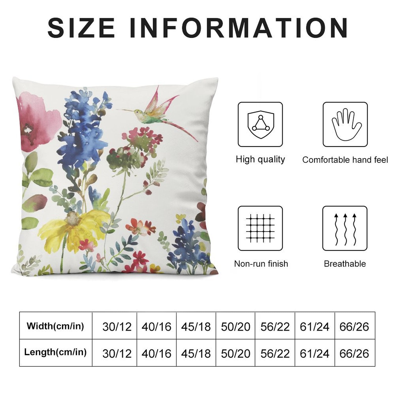 Floral pillow cover with size chart. Watercolor flowers and hummingbird design, comfortable and breathable, various sizes.