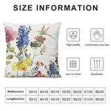 Watercolor floral plush pillow cover. Features high quality, breathable fabric. Includes size chart for sofa or living room.
