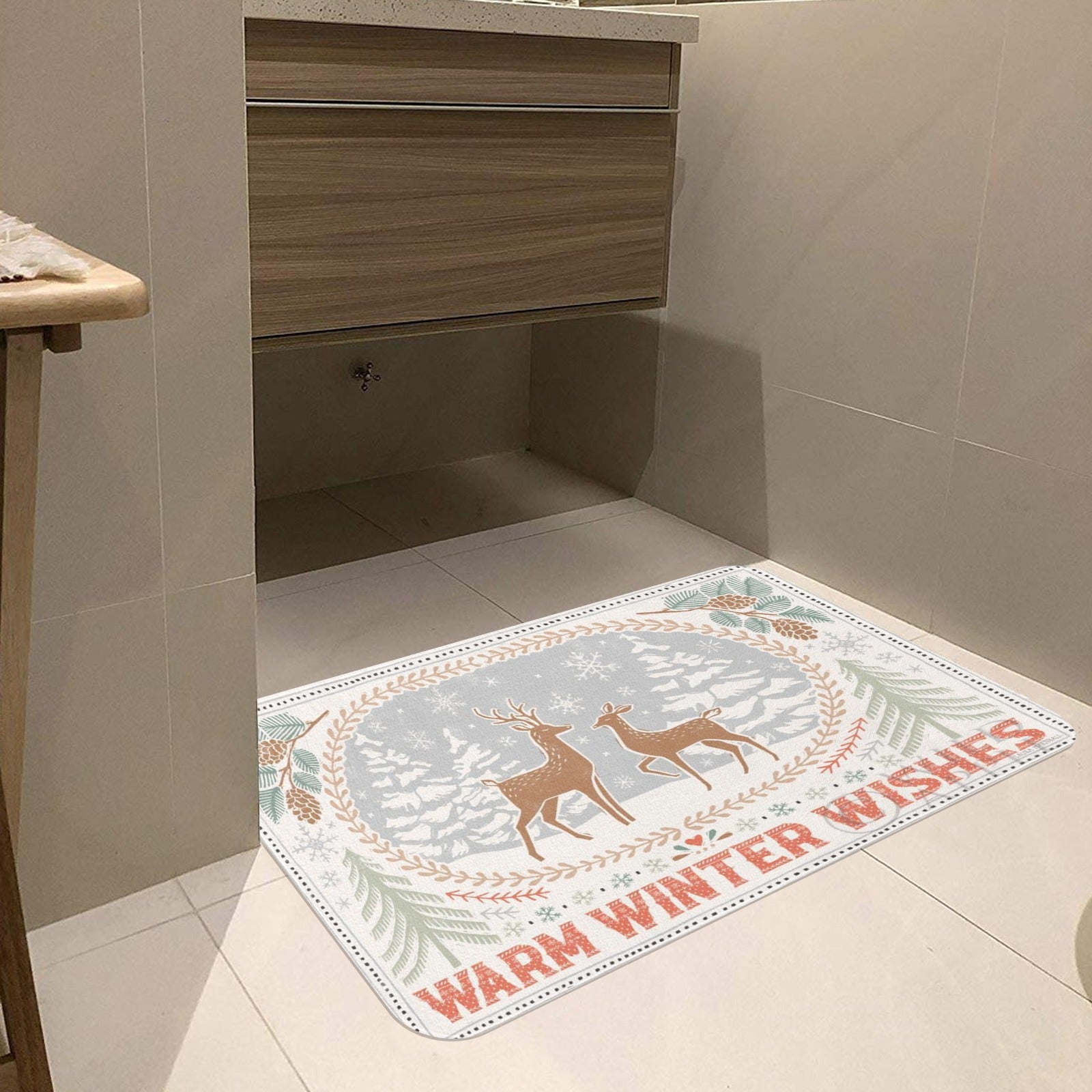 Winter doormat with deer and Warm Winter Wishes greeting, frost-resistant indoor/outdoor rubber floor mat