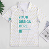 Customizable women's white polo shirt with heart pattern and 'YOUR DESIGN HERE' text, business casual top