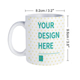 Custom white ceramic mug, personalized design option. Gift mug with "YOUR DESIGN HERE" text and heart pattern.