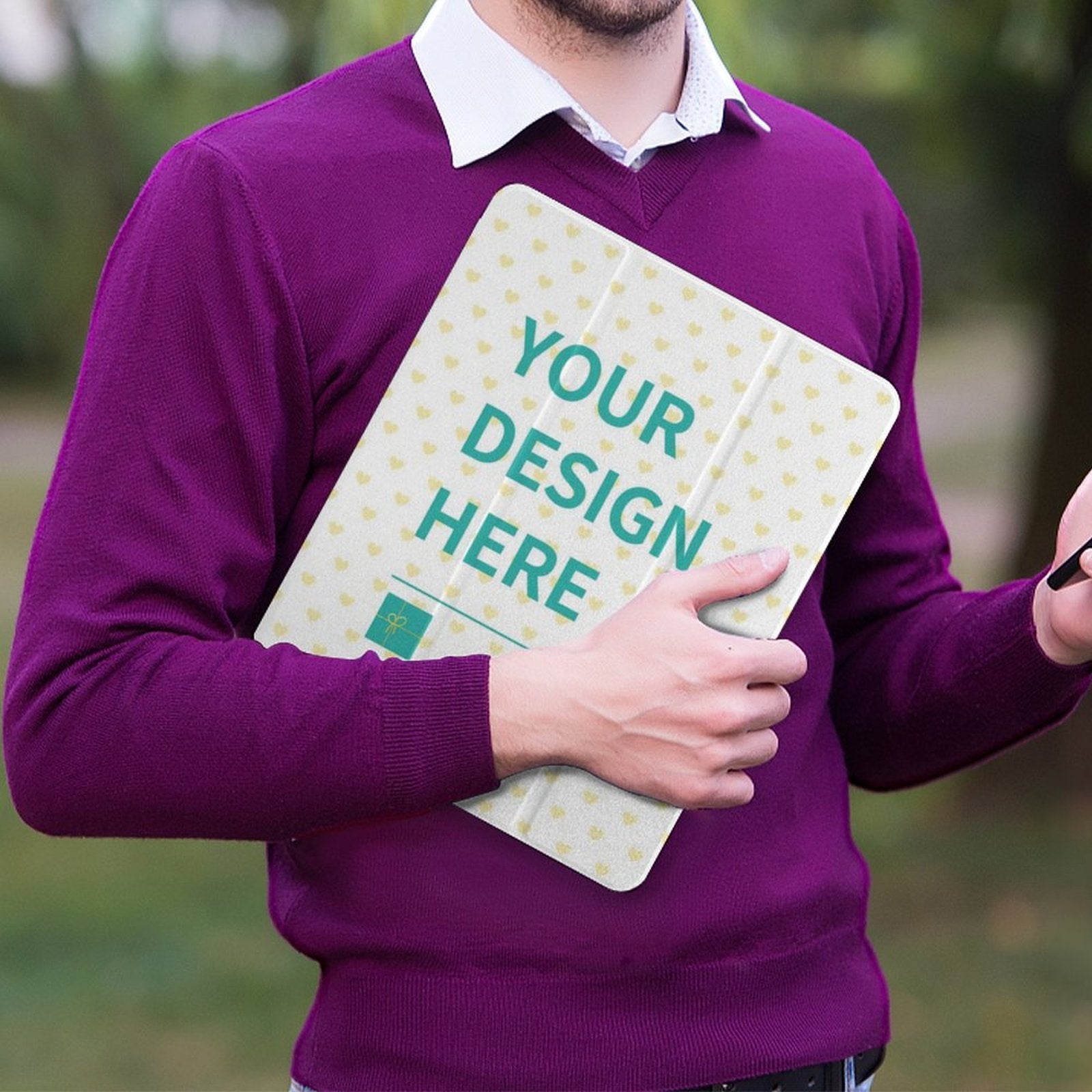 Custom iPad Pro 2021 case with 'YOUR DESIGN HERE' design, protective cover with heart pattern