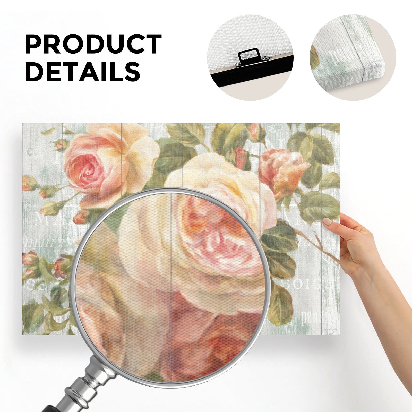 Vintage roses on driftwood canvas print, detail shot of the material and structure for home decor.