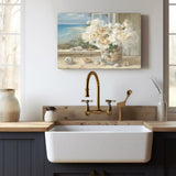 6000 By the Sea canvas print featuring white peonies, seashell art, and ocean view, kitchen decor