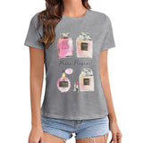 Women's gray t-shirt featuring Paris Perfume graphic print from MyArtsyGift, crewneck, short sleeve apparel