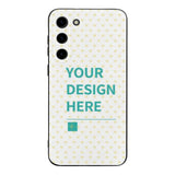 Custom Samsung Galaxy S23 phone case with YOUR DESIGN HERE text, heart pattern, drop-resistant TPU material.