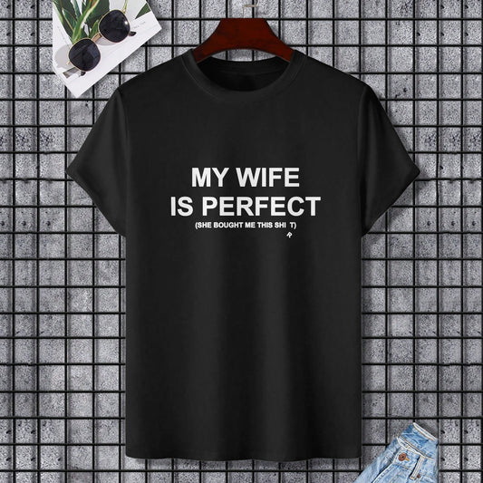 Black cotton t-shirt with 'MY WIFE IS PERFECT' text. Gildan unisex tee, perfect gift for wife. Shop at MyArtsyGift.com