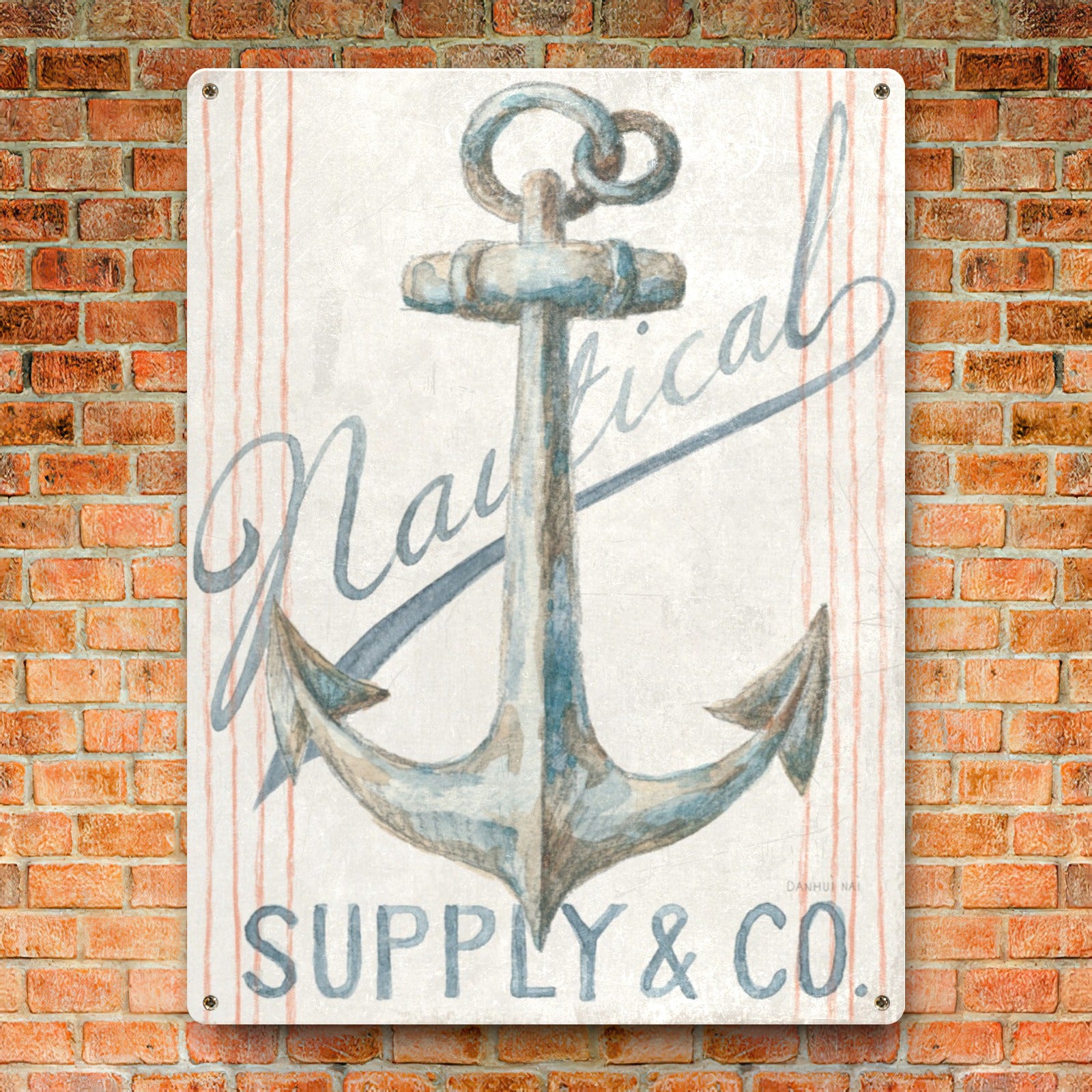 Nautical anchor metal sign with Supply & Co text, retro beach decor, iron material, for wall decor.
