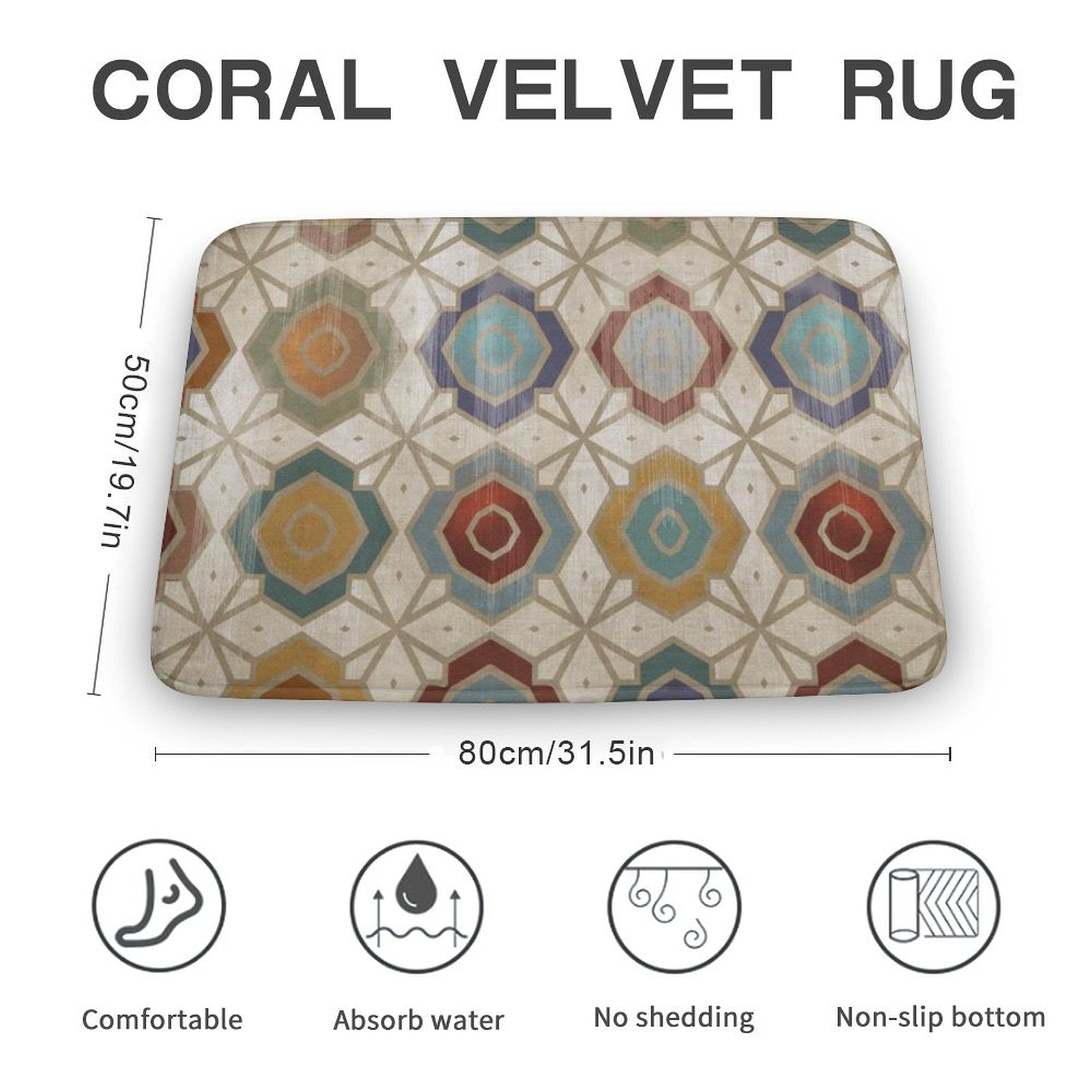 Coral velvet rug with geometric pattern, non-slip and absorbent for bathroom, kitchen, or bedroom