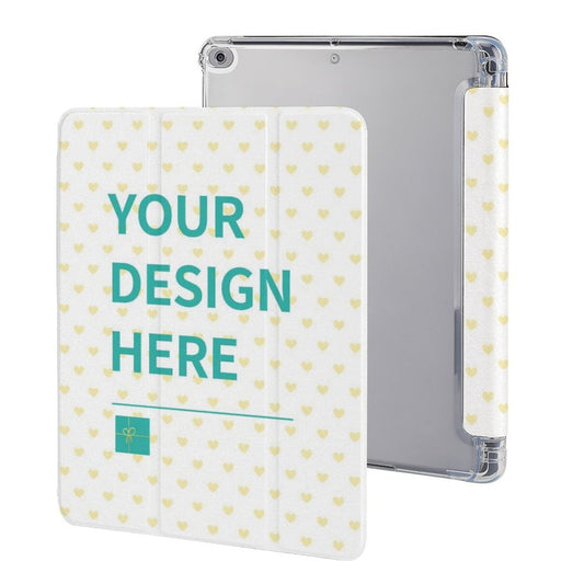 Custom iPad case with pen slot, white cover with heart pattern, "YOUR DESIGN HERE" text, protective case for iPad