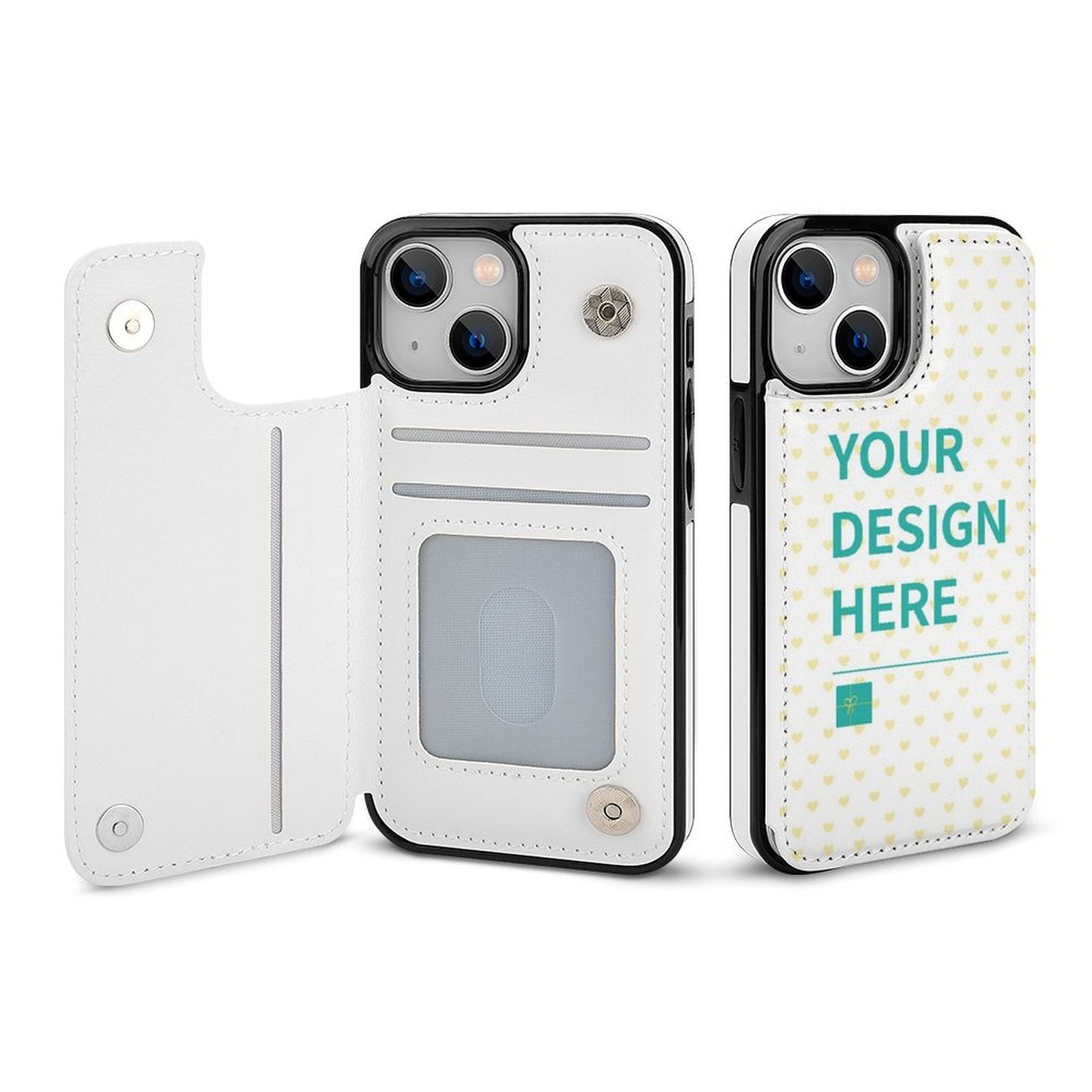Personalized iPhone 13 wallet case, white PU leather with card slot and 'YOUR DESIGN HERE' design.