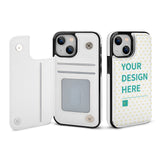 Personalized iPhone 13 wallet case, white PU leather with card slot and 'YOUR DESIGN HERE' design.