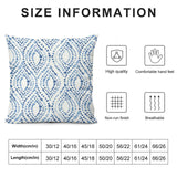 Blue and white patterned plush pillow cover size chart, features high quality, comfortable feel, non-run finish, breathable