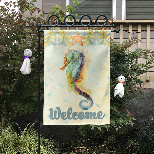 Seahorse Welcome Garden Flag, double-sided, farmhouse yard decor, 100% polyester.