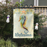 Seahorse Welcome Garden Flag, double-sided, farmhouse yard decor, 100% polyester.