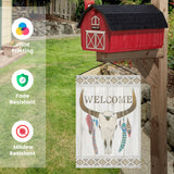 Welcome garden flag with bull skull and feather design for yard decor.