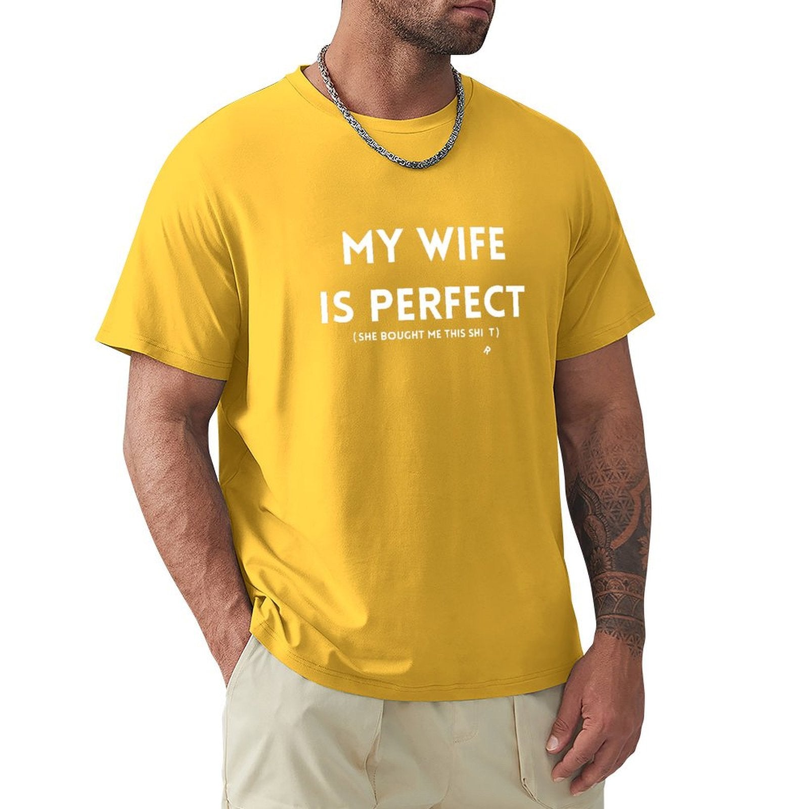 Men's yellow cotton t-shirt with "My Wife Is Perfect" print, a perfect gift for husbands, available in sizes S-6XL