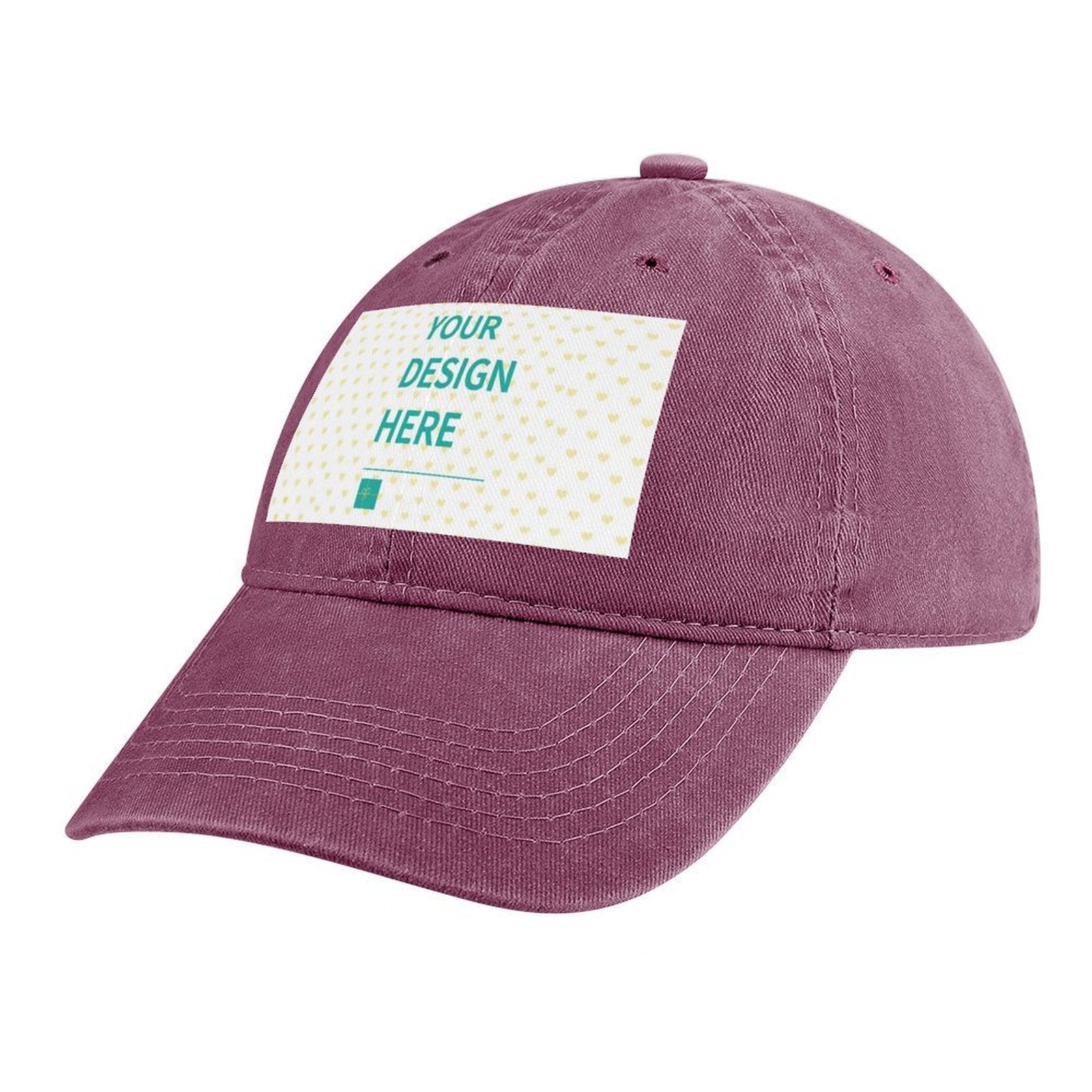 Burgundy baseball cap with 'YOUR DESIGN HERE' text, customizable for men and women, perfect for personalized gifts.