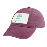 Burgundy baseball cap with 'YOUR DESIGN HERE' text, customizable for men and women, perfect for personalized gifts.