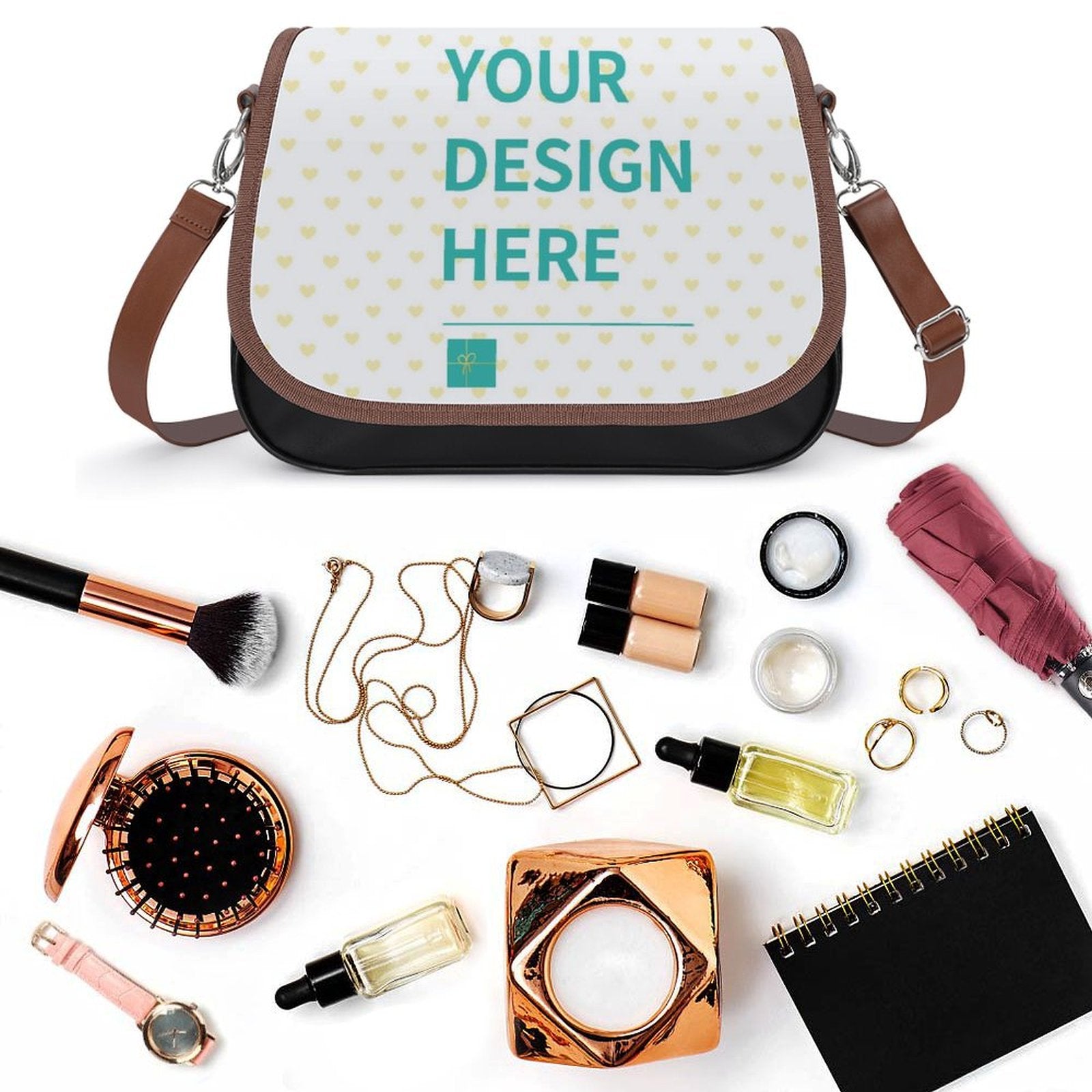 Customizable black PU leather crossbody bag for women with 'YOUR DESIGN HERE', surrounded by accessories