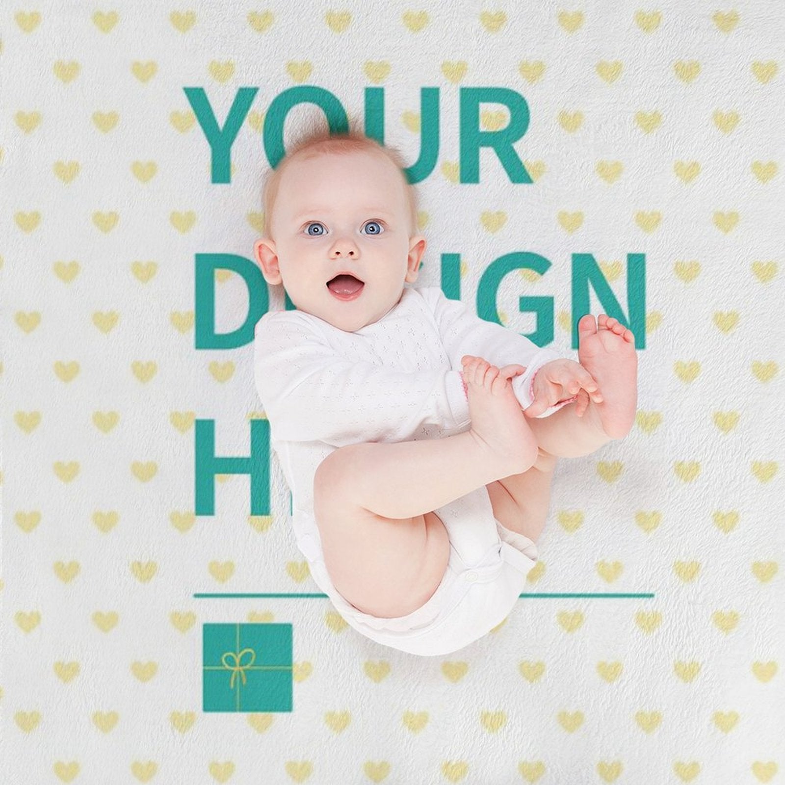 Customizable fleece blanket with baby, featuring "YOUR DESIGN HERE" design. Soft, cozy blanket perfect for bed or sofa.