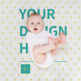 Custom fleece blanket with baby, heart pattern, featuring 'YOUR DESIGN HERE' text, soft and cozy for bed and travel