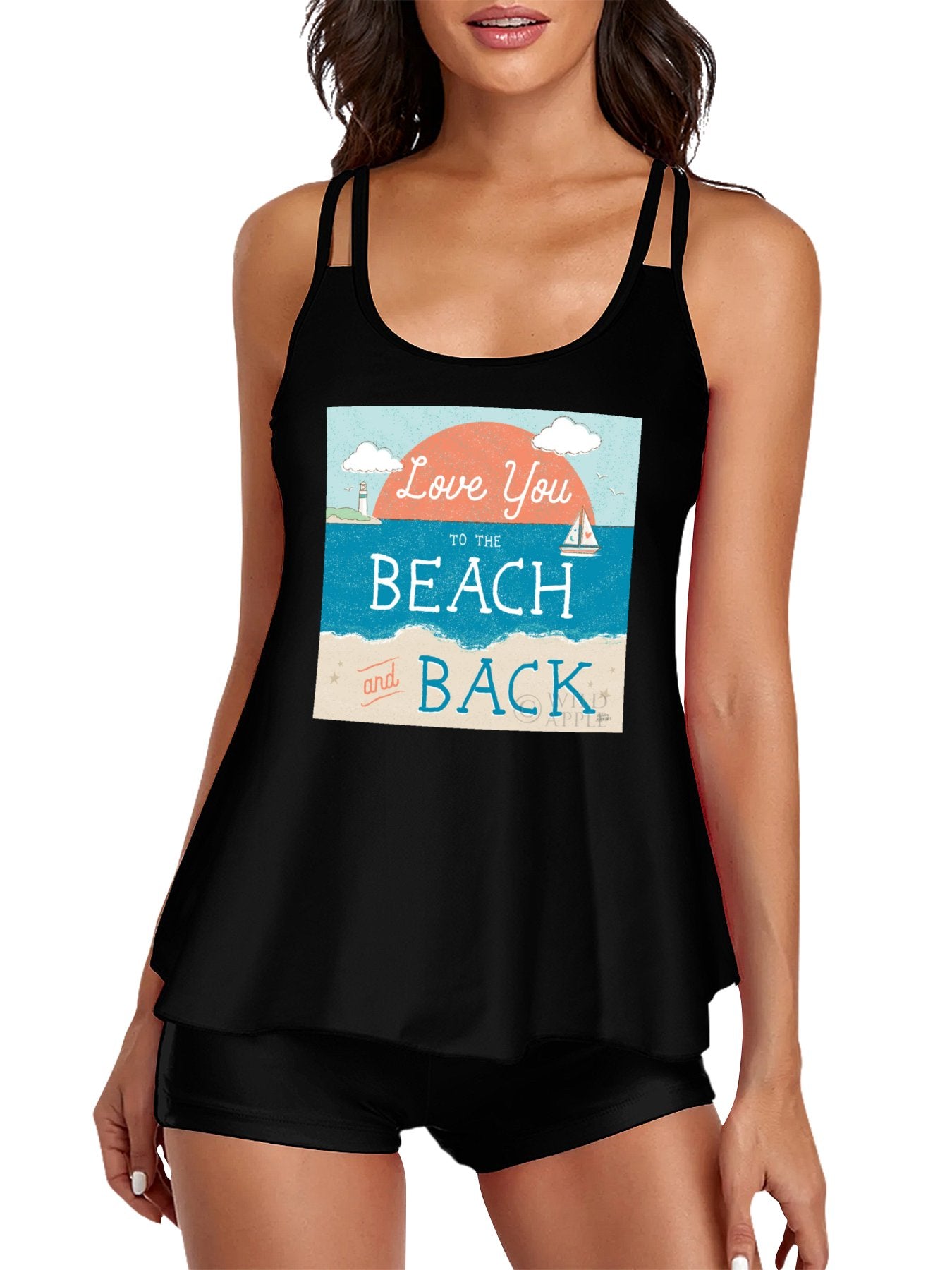 Black two-piece swimsuit for women with beach graphic, perfect for vacations and summer