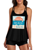 Black two-piece swimsuit for women with beach graphic, perfect for vacations and summer