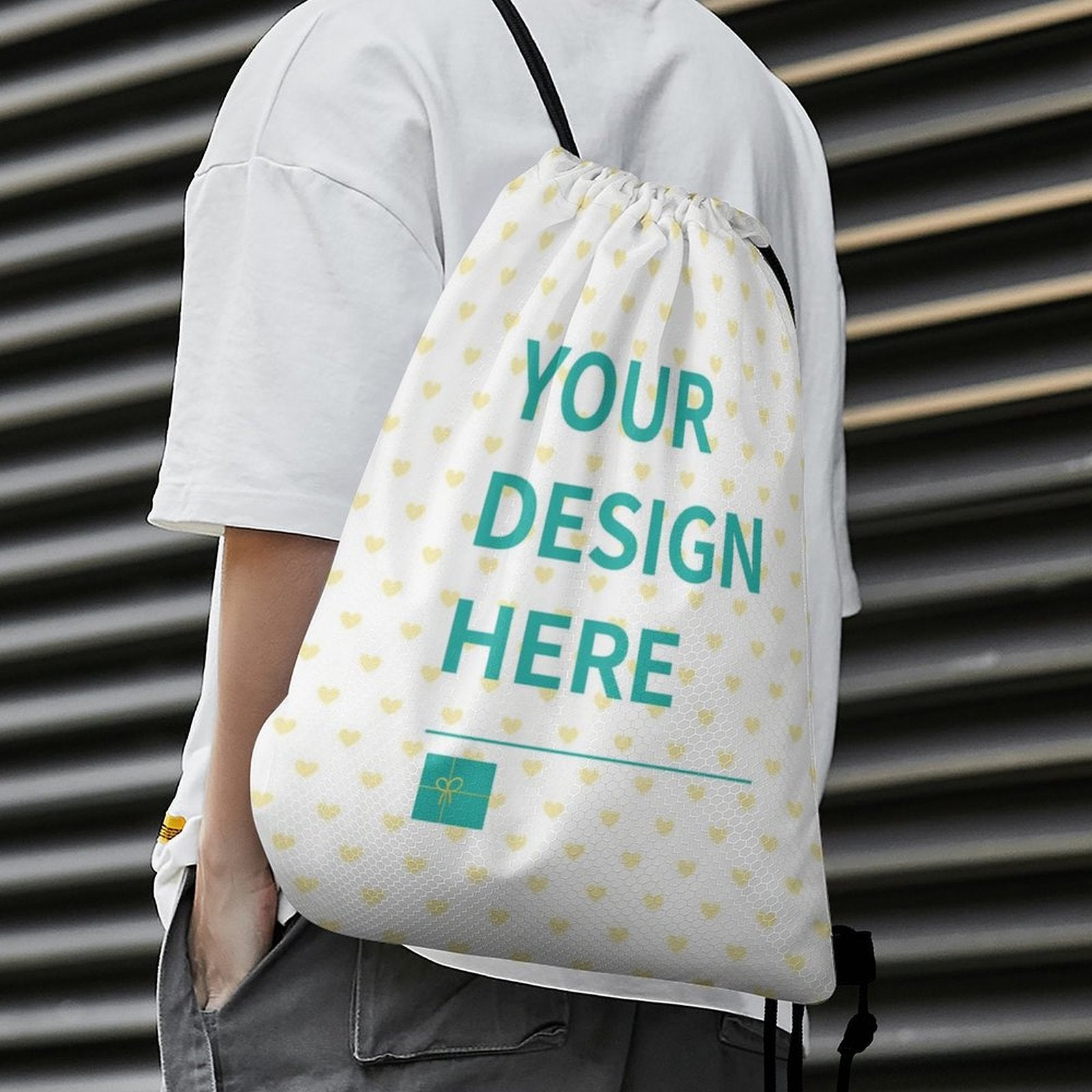White honeycomb drawstring backpack with custom design, for gym, travel, or sport. Features 'YOUR DESIGN HERE' text.