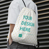 White honeycomb drawstring backpack with custom design, for gym, travel, or sport. Features 'YOUR DESIGN HERE' text.