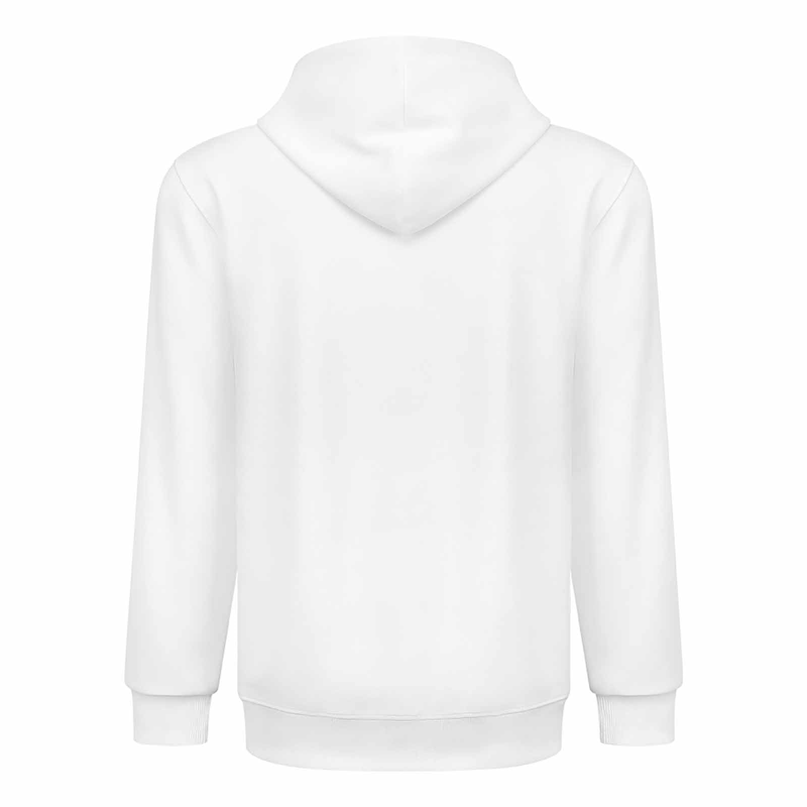 Back view of men's white hooded sweatshirt, comfortable and breathable. Perfect for casual wear. Made in USA.