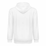 Back view of men's white hooded sweatshirt, comfortable and breathable. Perfect for casual wear. Made in USA.