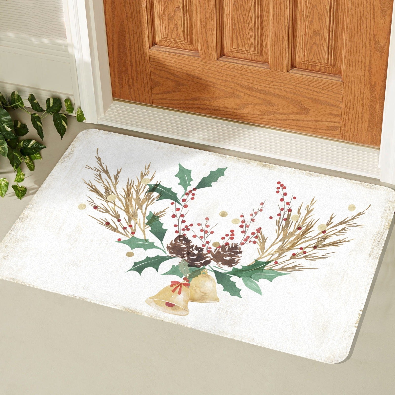 Christmas doormat with festive watercolor design, for indoor and outdoor use