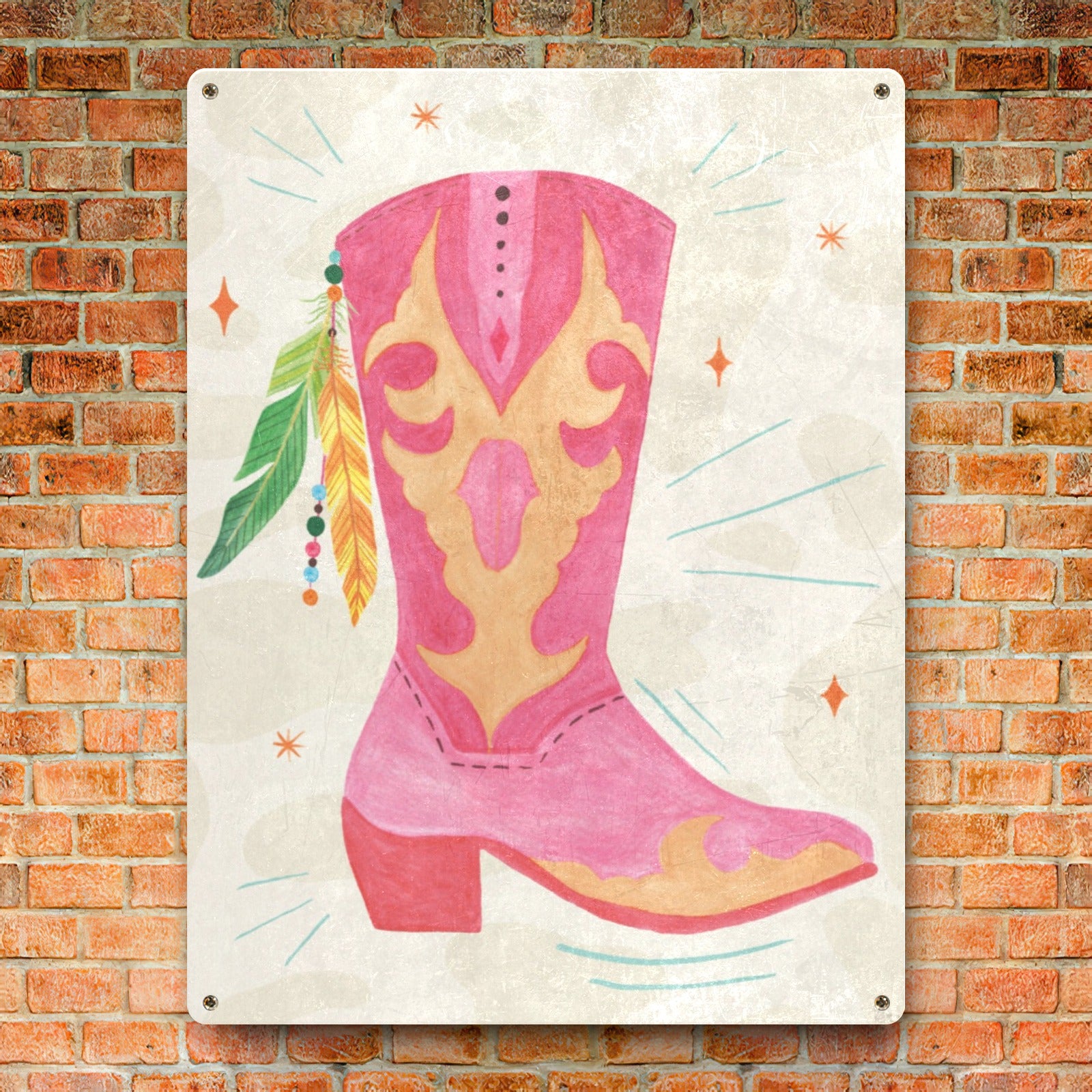 Pink cowgirl boot metal sign decor, home office decor, made in USA, wall art