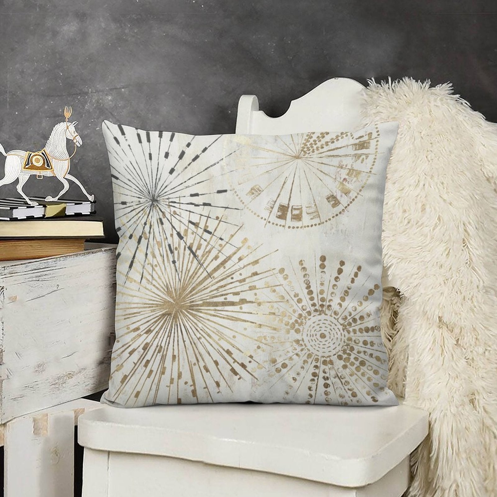 Decorative plush pillow cover with gold abstract burst design. Soft, cozy pillow for sofa and couch, ideal for living room.