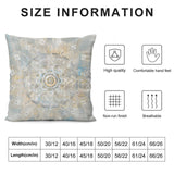 Plush throw pillow cover with mandala design, size chart, high quality, comfortable, non-run, and breathable features.